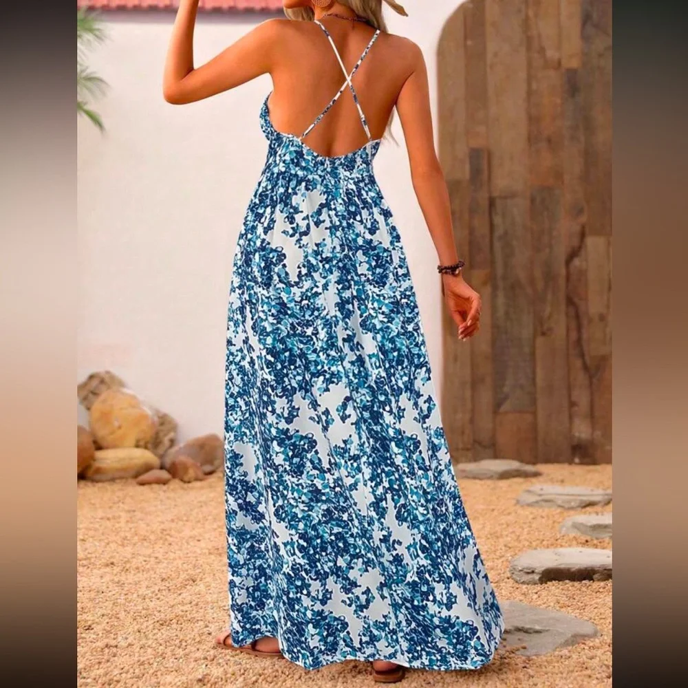 Tropical Blue Floral Maxi Dress